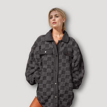 Two Chess Pockets Shacket Checkered Fleece Jackets for Women