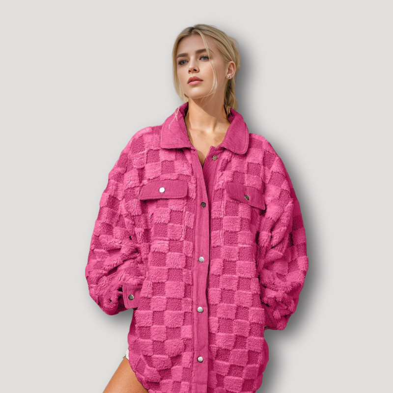 Two Chess Pockets Shacket Checkered Fleece Jackets for Women