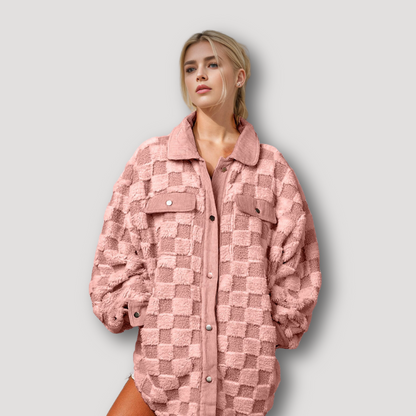 Two Chess Pockets Shacket Checkered Fleece Jackets for Women