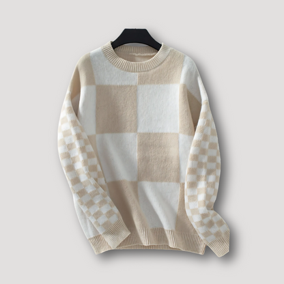 Round Neck Checkered Women Knit Sweater