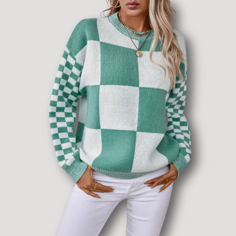 Round Neck Checkered Women Knit Sweater