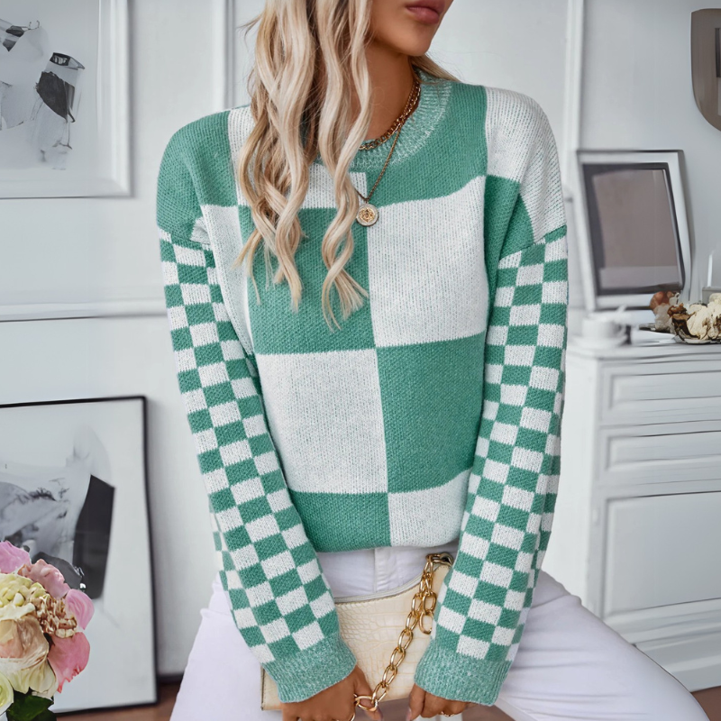 Round Neck Checkered Women Knit Sweater