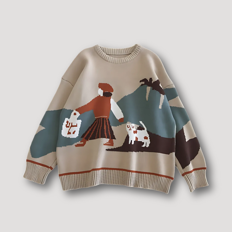 Vintage Girl and Dog Cartoon Oversize Women Knit Sweater