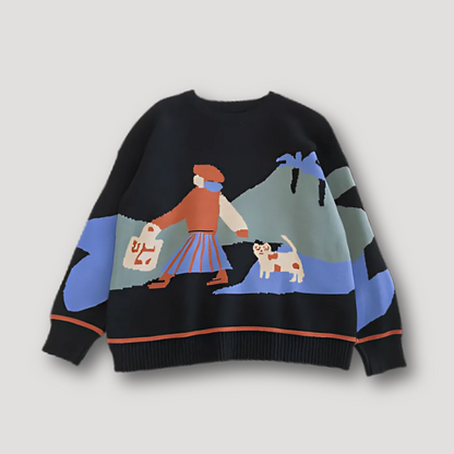 Vintage Girl and Dog Cartoon Oversize Women Knit Sweater