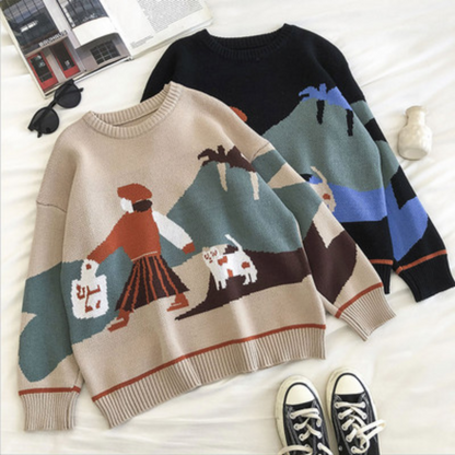 Vintage Girl and Dog Cartoon Oversize Women Knit Sweater