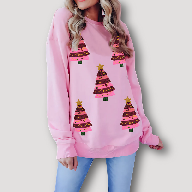 Drop Shoulder Christmas Tree Embroidered Sequins Pink Sweatshirt