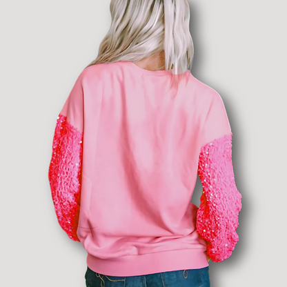 Drop Shoulder Nutcracker Sequin Sleeve Pink Sweatshirt