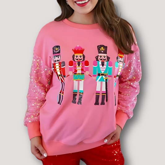 Drop Shoulder Nutcracker Sequin Sleeve Pink Sweatshirt