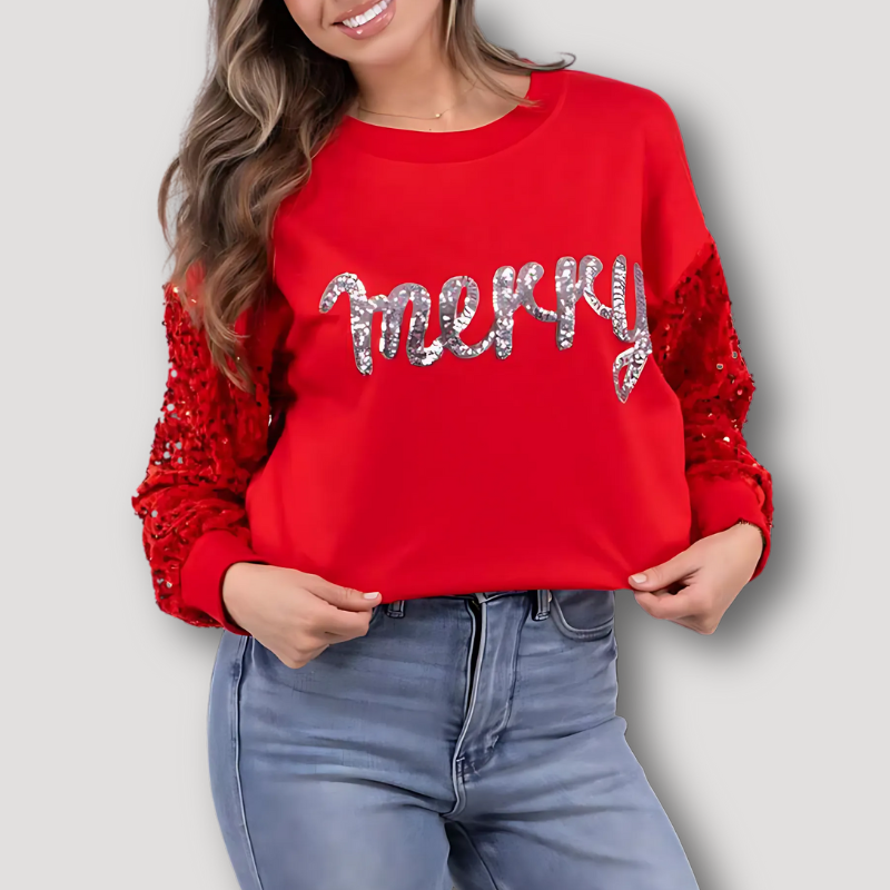 Drop Shoulder Nutcracker Sequin Sleeve Pink Sweatshirt