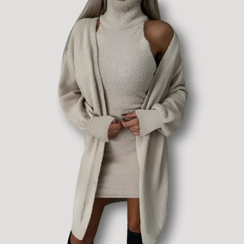 2 Piece Set Open Shoulder Turtleneck Sweater Dress and Cozy Cardigan Set