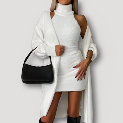 2 Piece Set Open Shoulder Turtleneck Sweater Dress and Cozy Cardigan Set