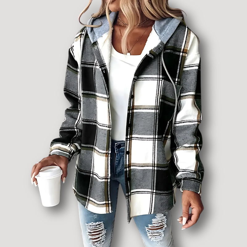 Drawstring Hood Button Up Check Jacket for Women