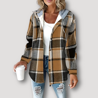 Drawstring Hood Button Up Check Jacket for Women