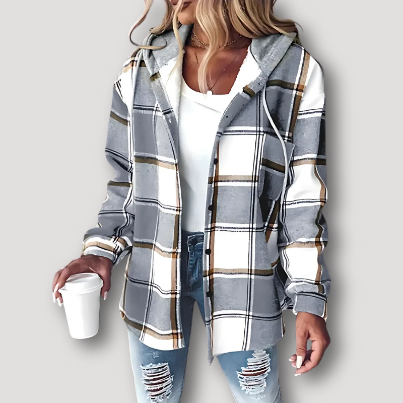 Drawstring Hood Button Up Check Jacket for Women