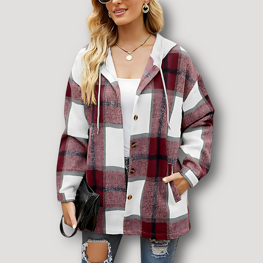 Drawstring Hood Button Up Check Jacket for Women