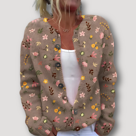 Chunky Buttons Floral Pattern Knitted Cardigan for Ladies