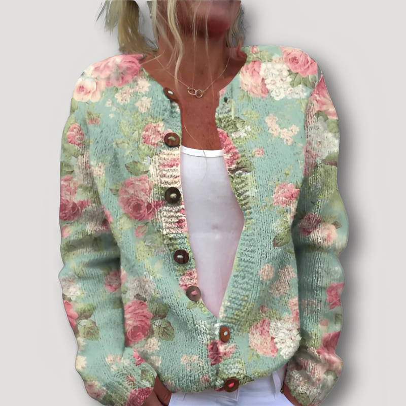 Chunky Buttons Floral Pattern Knitted Cardigan for Ladies