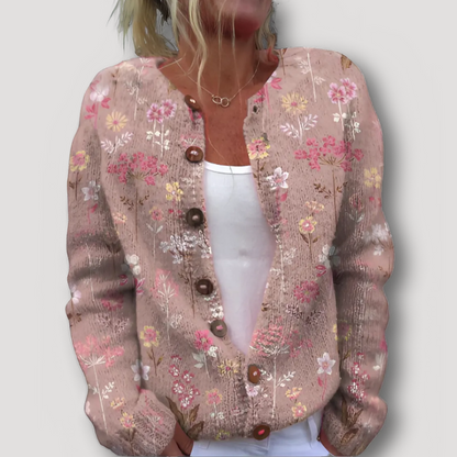 Chunky Buttons Floral Pattern Knitted Cardigan for Ladies