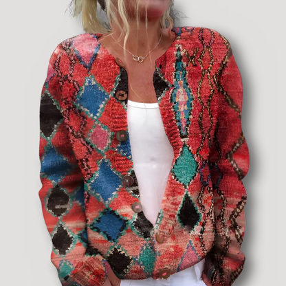 Chunky Buttons Floral Pattern Knitted Cardigan for Ladies