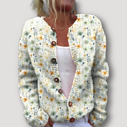 Chunky Buttons Floral Pattern Knitted Cardigan for Ladies