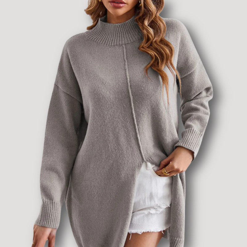 Mock Neck Waist Slit Knit Dress Sweater for Women