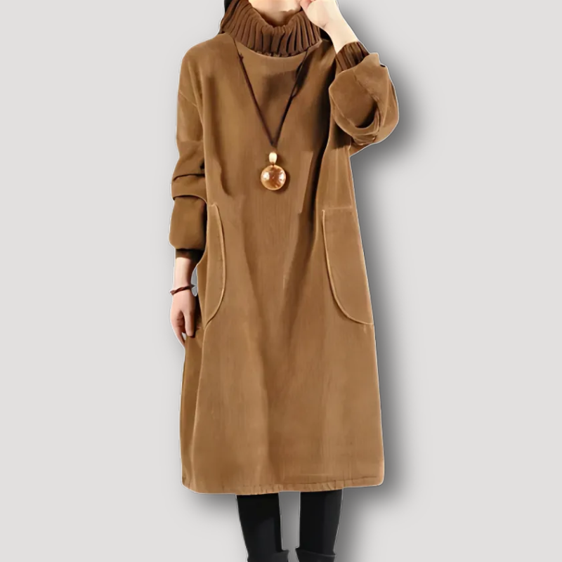 Chunky Ribbed Turtleneck Collar Corduroy Midi Dress for Women