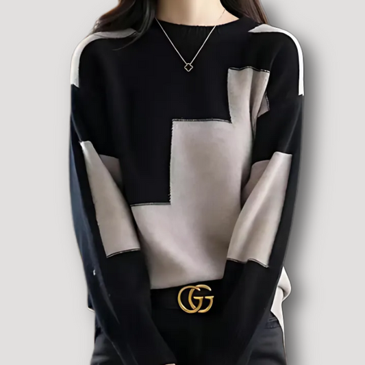 Color Block Round Neck Black Knitted Sweater Women