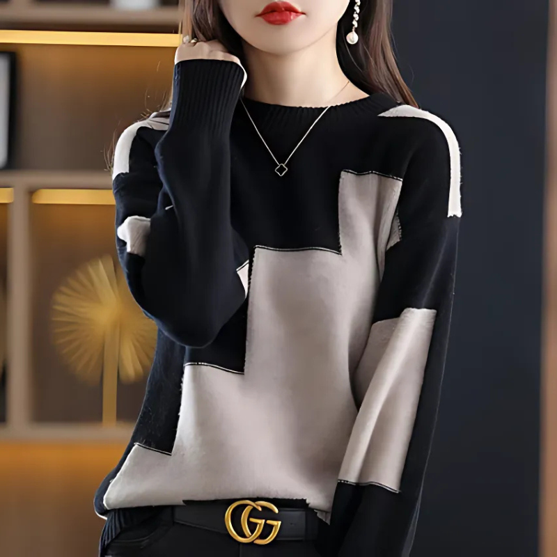 Color Block Round Neck Black Knitted Sweater Women