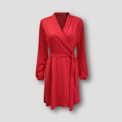 Stylish Tie Waist Midi Wrap Dress Long Sleeve