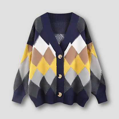 Diamond Argyle Pattern Chunky Buttons Women's Knit Cardigan Sweater