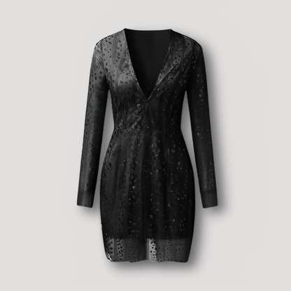 Plunging Neckline Mini Sequin Dress Long Sleeve