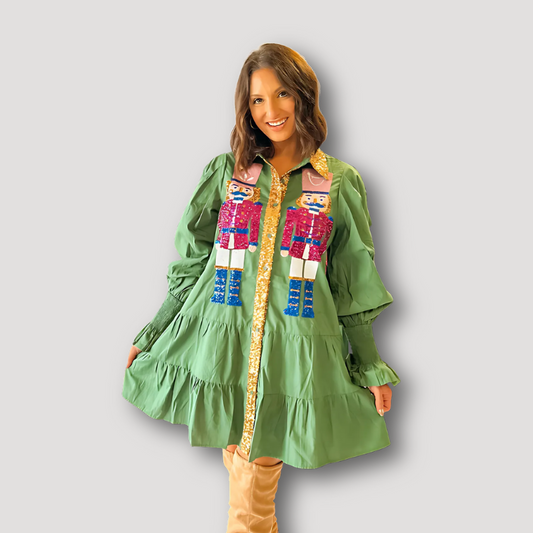 Sequin Nutcracker Green Tiered Smocked Frilled Cuffs Button Down Dress Long Sleeve