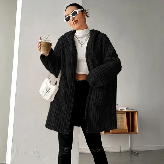 Black Chunky Ribbed Long Sherpa Hooded Cardigan for Women