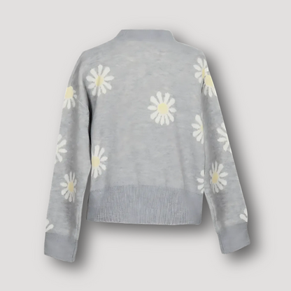 White Flower Print Button Up Grey Wool Sweater Cardigan Women