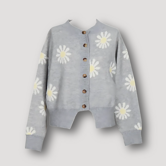 White Flower Print Button Up Grey Wool Sweater Cardigan Women