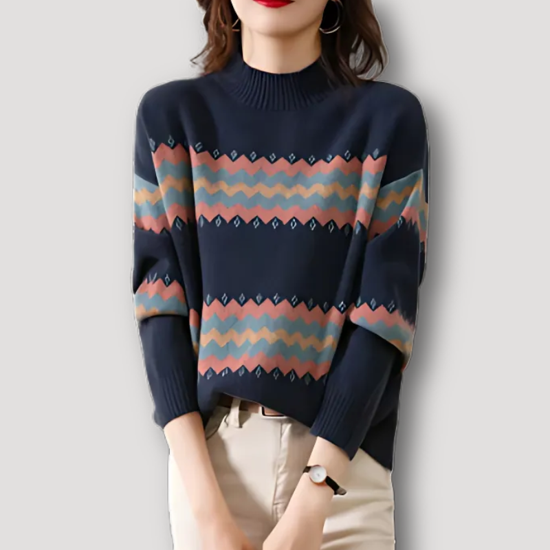 Chevron Pattern Knit Sweater Navy Blue Jumper Ladies