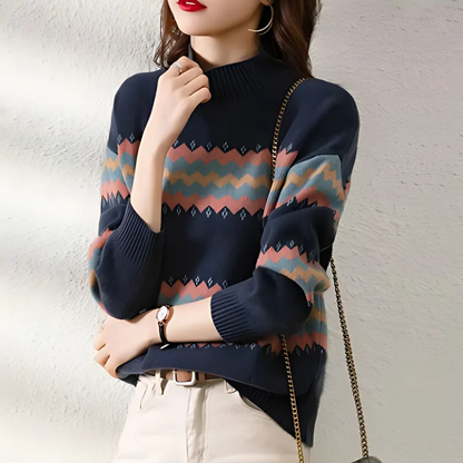 Chevron Pattern Knit Sweater Navy Blue Jumper Ladies