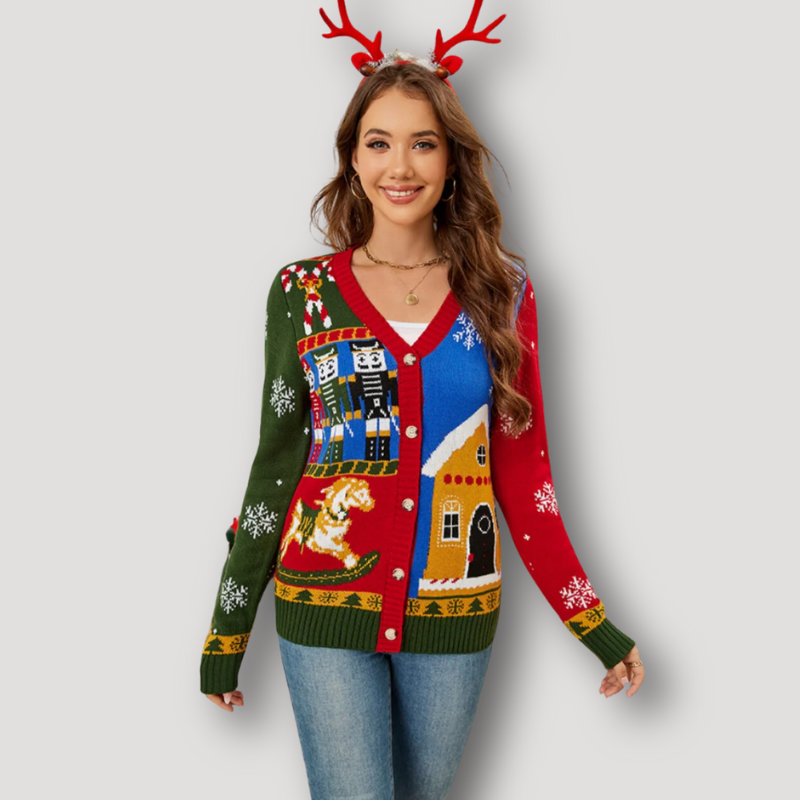 Nutcracker Red Green Long Sleeve Christmas Knit Cardigan