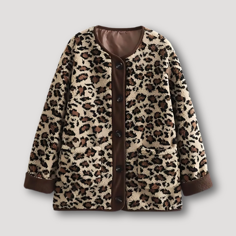 Leopard Print Button Front Fleece Spring Jacket Women