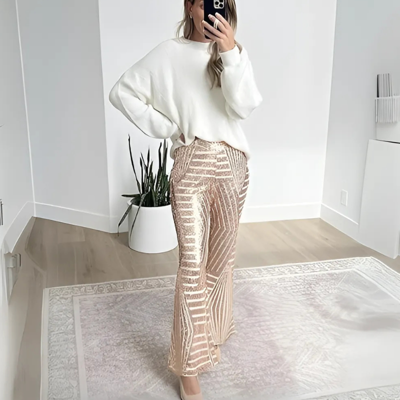 Sparkling Gold Sequin Night Out Flared Pants for Women