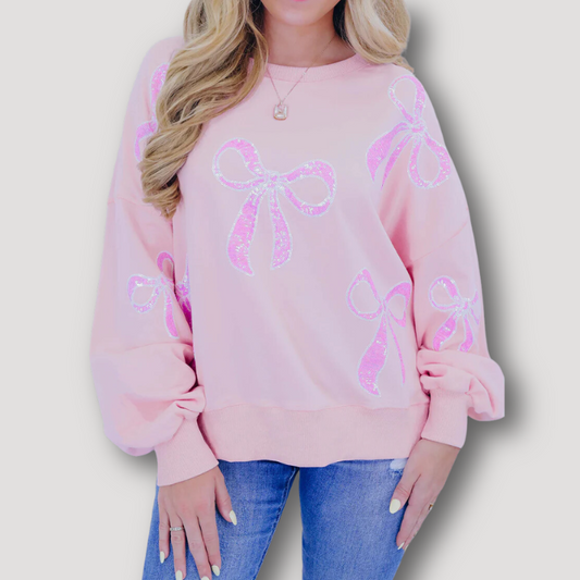 Pink Bow Sequin Embellished Women's Pink Sweatshirt