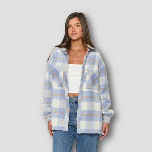 Two Chest Pockets Buttoned Blue Check Jacket for Women