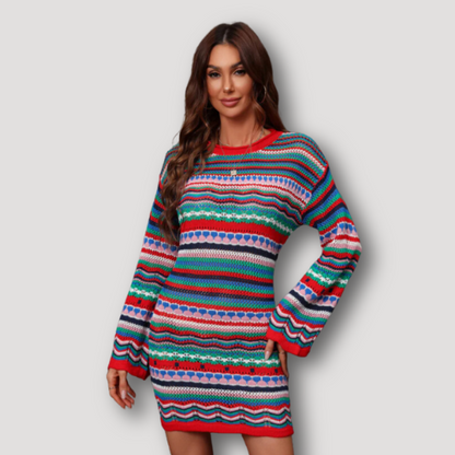 Colorful Striped Long Bell Sleeve Sweater Dress