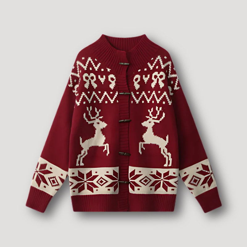 Toggle Closure Cozy Reindeer Christmas Knit Cardigan