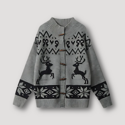 Toggle Closure Cozy Reindeer Christmas Knit Cardigan