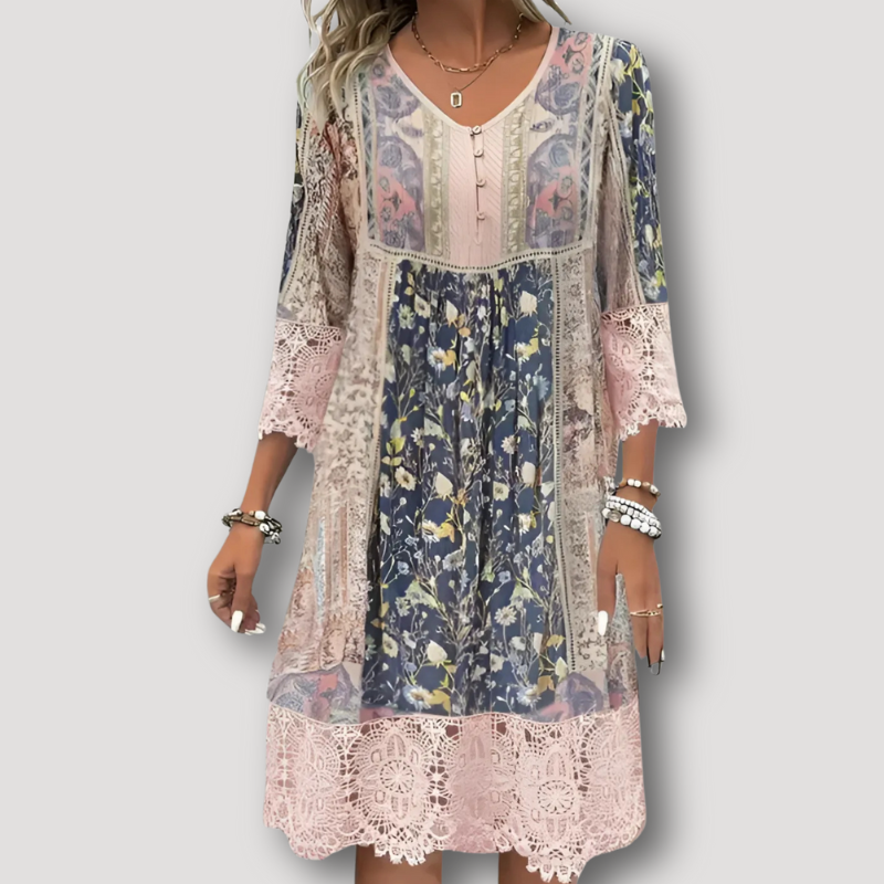 Retro V-Neck Bohemian Pink Floral Dress