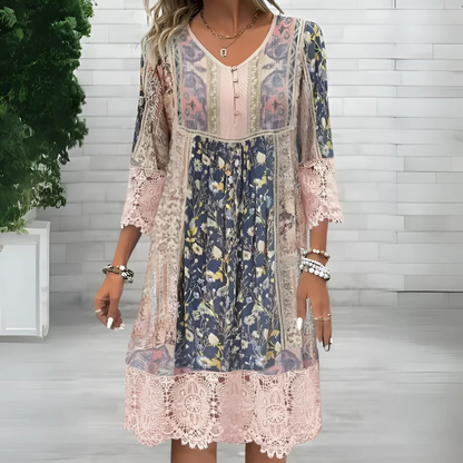 Retro V-Neck Bohemian Pink Floral Dress