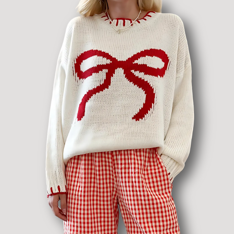 Christmas Knit Bow Contrast Round Neck Pullover Sweater Oversized