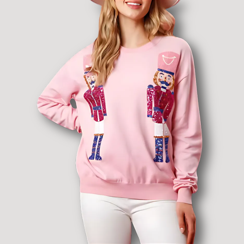 Round Neck Sequin Nutcracker Pink Sweatshirt Women