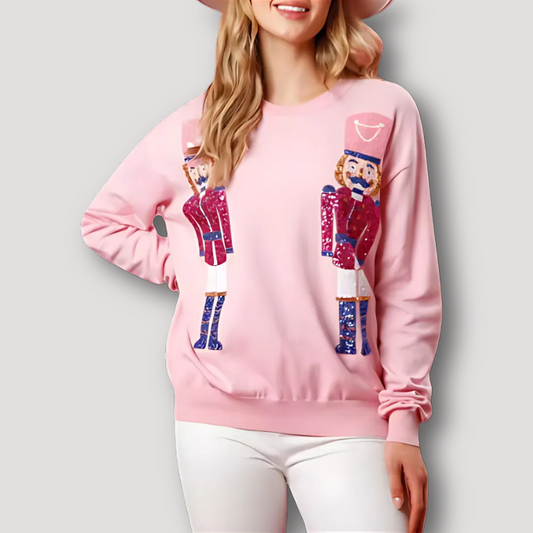 Round Neck Sequin Nutcracker Pink Sweatshirt Women